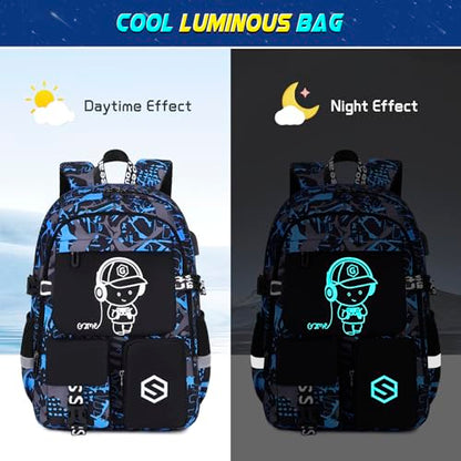 Scothen Boys Backpack, Cool Luminous School Backpacks for Boys with Lunch Bag Pencil Case, Kids Backpack Kindergarten Elementary Middle School Book Bags for Teen Boy Children with USB Charging Port - color: Blue Musicer