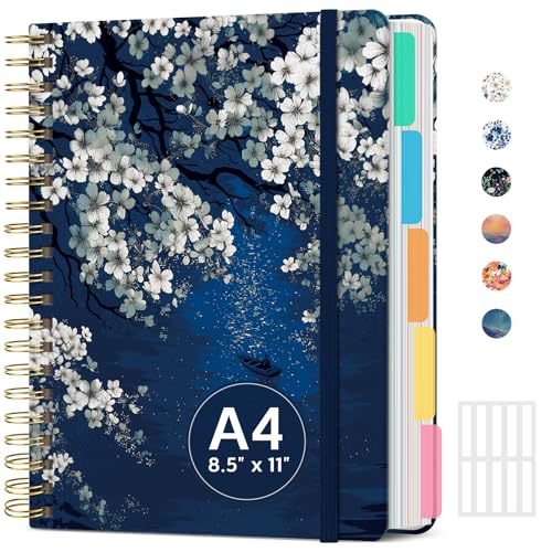 Hardcover Spiral Journal Notebooks for Work With Removable Dividers & Tabs, 8.5"x11" 5 Subject Notebook for Note Taking & Organizer, A4 College Ruled Lined Journal for Women & Writing, Sakura Night, 280 Pages - color: V-Sakura Night