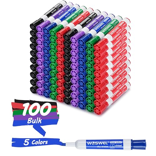 WOSWEL Dry Erase Markers, Chisel Tip Whiteboard Markers, Low Odor Thick Dry Markers,100 Bulk 5 Assorted Colors (Black/Blue/Red/Green/Purple) for Teachers, Classroom, Office & Home Use