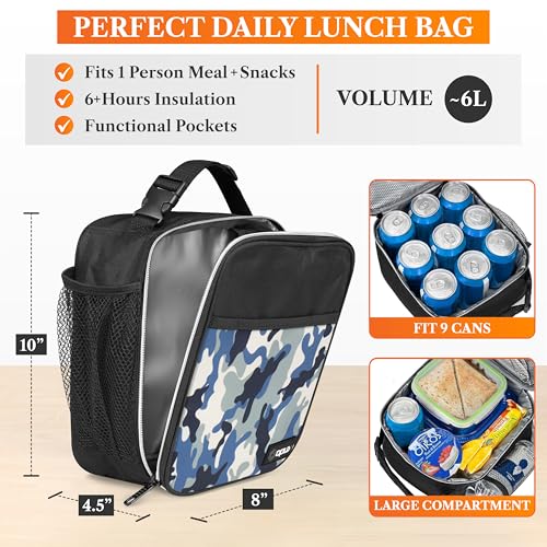 opux Insulated Lunch Bag for Kids Boys Girls, Small Compact Lunch Box with Wide Opening & Mesh Pockets, Reusable Lunch Pail for School, Work, Adults, Men, Women, Camo Blue - color: Blue Camo