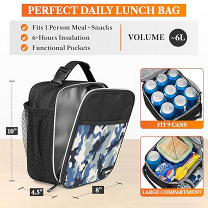 opux Insulated Lunch Bag for Kids Boys Girls, Small Compact Lunch Box with Wide Opening & Mesh Pockets, Reusable Lunch Pail for School, Work, Adults, Men, Women, Camo Blue - color: Blue Camo