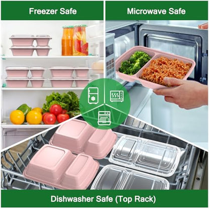Dealusy 50 Pack (100-Piece) 28 oz Meal Prep Containers Reusable with Lids 2-Compartment, Sturdy Leakproof Food Safe, Microwave Freezer Dishwasher Safe, To Go Take Out Plastic Food Storage, Pink - color: Pink