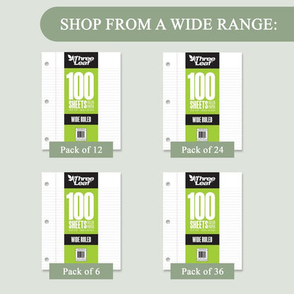 THREE LEAF 100 SHEETS WIDE RULED FILLER PAPER, PACK OF 6, LOOSE-LEAF SHEETS FOR SCHOOL AND OFFICE 100 CT. FILLER PAPER, NOTEBOOK PAPER - color: Wide Ruled, size: Pack of 6