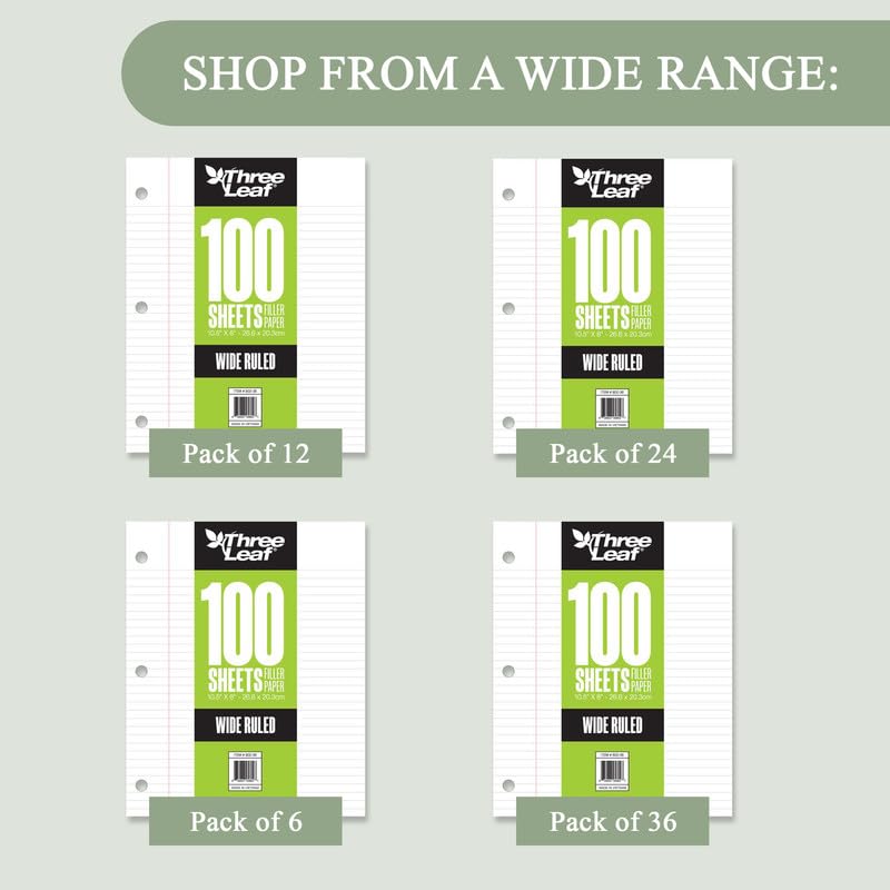 THREE LEAF 100 SHEETS WIDE RULED FILLER PAPER, PACK OF 12, LOOSE-LEAF SHEETS FOR SCHOOL AND OFFICE 100 CT. FILLER PAPER, NOTEBOOK PAPER - color: Wide Ruled, size: Pack of 12