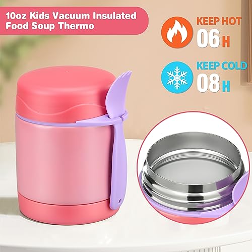 Pawtong Bento Lunch Box Set With 10oz Soup Thermo, Leak-proof Lunch Containers with 4 Compartment, Kids Hot Thermo Food Jar/Insulation Lunch Bag, Food Containers for School（Solid） - color: Pink