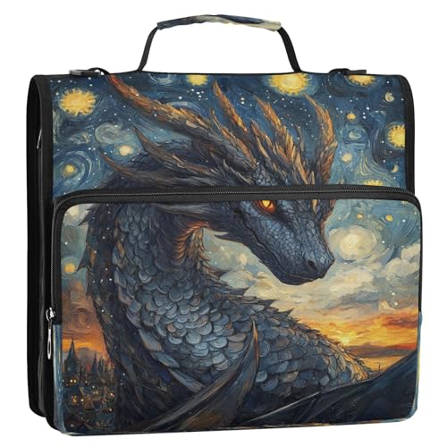 Caikeny 3 Ring Zipper Binder Dragon Van Gogh 1.5 inch Binders Bag with Shoulder Strap and Handle Expanding File Pockets - color: Multicolored 1z2.10
