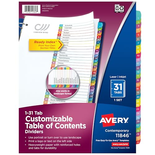 Avery 1-31 Dividers for 3 Ring Binders, 31 Tabs per Set, Customizable Table of Contents, Multicolor Arched Tabs, Great for Organizing Reports, Projects, and More (11846) - size: One Size, style: 1 Set