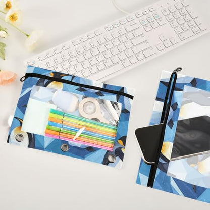 Kcldeci Pencil Pouch for 3 Ring Binder, Penguin Blue Crystal Ice 2 Pack Binder Pencil Pouch with Clear Window Pencil Bags with Zipper Pencil Case for Binder - color: C04