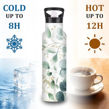 Eucalyptus Insulated Water Bottle with Straw 20 oz,Gold Foil Stainless Steel Leak Resistant Double Wall Water Bottles with Handle for Gym Sports Travel Outdoor - color: Eucalyptus,Gold Foil