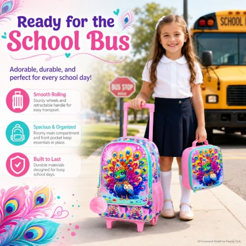3Pcs Rolling Backpack for Girls, Kids Roller School Backpack with Wheels, Peacock Wheeled Bookbag for Elementary Preschool Kindergarten(Pink) - color: Peacock Pink