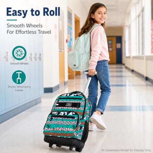 AGSDON Bold Leopard Stripe Wheeled Backpack Set – 20” Girls Rolling Bookbag with Matching Lunch Box for Travel, Commute & School | Water-Resistant Fashion Roller Organizer in Green - color: Rolling Backpack Set - Leopard Stripe Green