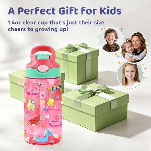 Flamingo Gifts 14oz Water Bottle with Straw – Leakproof BPA-Free Plastic Pop-Up Spout, Reusable Leak-Proof Travel Bottle for Outdoor Sports - color: Flamingo1