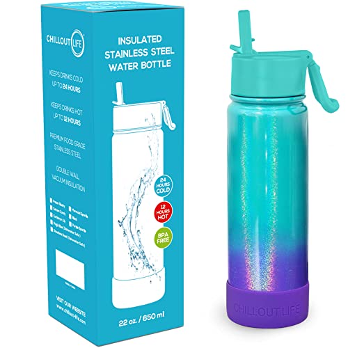 CHILLOUT LIFE 22oz Insulated Stainless Steel Water Bottle with Leak Proof Straw Lid & 144 Stickers - color: Mermaid Sparkle, style: 22 oz