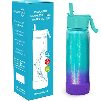 CHILLOUT LIFE 22oz Insulated Stainless Steel Water Bottle with Leak Proof Straw Lid & 144 Stickers - color: Mermaid Sparkle, style: 22 oz