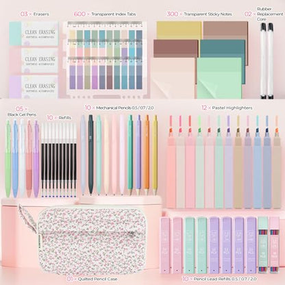 WOBAGMEN 62PCS Aesthetic School Supplies with Quilted Pencil Case, Pastel Highlighters, Gel Pens Mechanical Pencils Set, Cute Back to School Supplies, College Essentials(Pink Floral, M) - color: Pink Floral