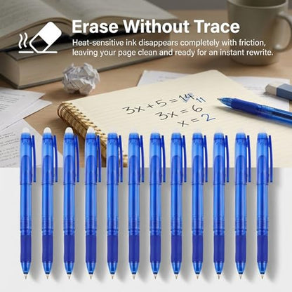 Volcanics Blue Erasable Gel Pens, 0.7mm Fine Point Gel Erasable Pens - Compatible with Rocketbook, 12 Pack, Smooth Writing Pens Pencil-Like Precision for School & Office - color: Blue, size: 1 Count (Pack of 12)