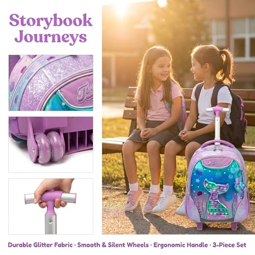 Kids Rolling Backpack for Girls Mermaid Trolley Suitcases Luggage with Wheels Bookbag Wheeled 3pcs on Lunch Box Pencil Case Preschool Students Elementary Teenagers Pink for Girls Age 5-12 - color: Pink-0130-wanjuywb