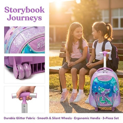 Kids Rolling Backpack for Girls Mermaid Trolley Suitcases Luggage with Wheels Bookbag Wheeled 3pcs on Lunch Box Pencil Case Preschool Students Elementary Teenagers Pink for Girls Age 5-12 - color: Pink-0130-wanjuywb