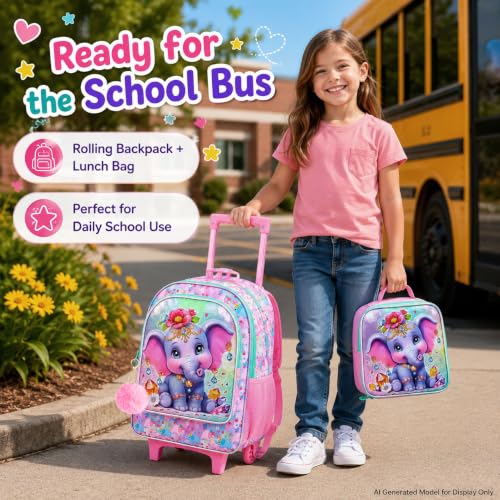 3Pcs Rolling Backpack for Girls, Elephant Roller Bookbag with Lunch Box, Kids School Backpacks with Wheels for Elementary Preschool(Pink) - color: Elephant Pink