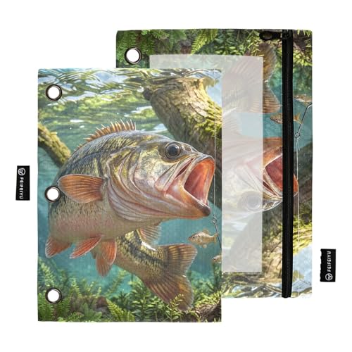 Largemouth Bass Fish Pencil Pouches for 3 Ring Binder, Zipper Binder Pencil Case, 2 Pack Clear Window Case Bag for Office Organizers - color: Largemouth Bass Fish 2