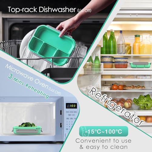 WHALEHOUSE Bento Lunch Box, 1300ML 4 Compartments Meal Prep Container with Utensil, Airtight Food Storage Container with Snap Locking Lids, Microwave/Dishwasher/Freezer Safe, On the Go - color: 1300mL-Green
