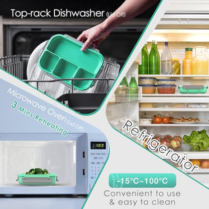 WHALEHOUSE Bento Lunch Box, 1300ML 4 Compartments Meal Prep Container with Utensil, Airtight Food Storage Container with Snap Locking Lids, Microwave/Dishwasher/Freezer Safe, On the Go - color: 1300mL-Green
