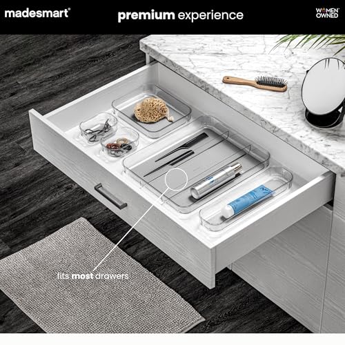 madesmart Premium 3 Compartment Clear Drawer Organizer, Multi-Purpose Storage with Soft Grip Lining & Non Slip Base, Grey - color: Clear/Gray