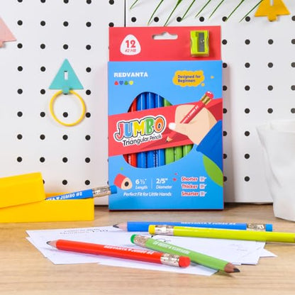 Jumbo HB Pre-sharpened Pencils #2 for Toddlers Preschoolers First Writing, Thick Triangular Grip Fat Pencils with Latex-Free Erasers, Break-Resistant, Back to School Supplies, 12 Count - color: Vibrant