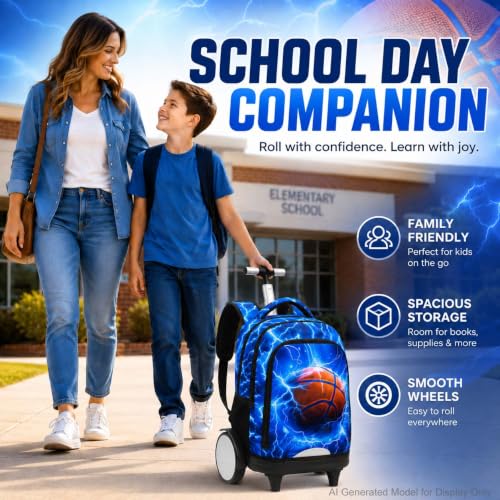 UFNDC Big Wheel Boys Backpack with Wheels, Water-Resistant Rolling School Bag with Lunch Box & Pencil Case, 3-Pack Kids Wheeled Bookbag Travel Set - Lightning Basketball - color: Rolling Backpack Lightning Basketball Blue
