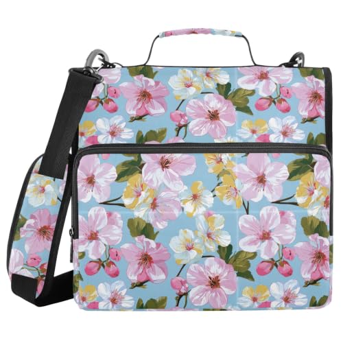 Pink Yellow Sakura Floral Zipper Binder 3 Ring with Shoulder Strap | Multi-Pocket Organizer, 2 Inch Binder Holds 500 Sheets, Zipper Binders Organizer for School Students Office - color: Multicolored.18