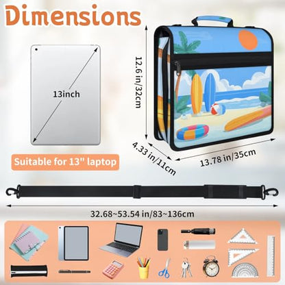 Summer Sea Coastal Zipper Binder, 3 D-Ring Expanding File Folder with Handle & Adjustable Shoulder Strap, 400 Sheets Capacity Multi-Pocket Organizer for 13 Inch Laptop - color: Summer Sea Coastal
