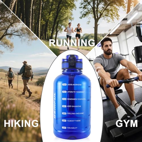 GEMFUL 2L Leak Proof Water Bottle with Handle 64oz Large Gym Jug Time Marker No Straw BPA Free Motivational for Men & Women (Royal Blue) - color: 2L Blue No Straw