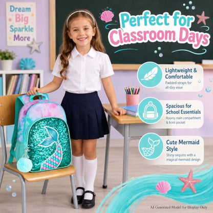 gxtvo 3PCS Girls Backpack, 16" Sequin Prechool Elementary Bookbag and Lunch Box - color: Fish Tail Green