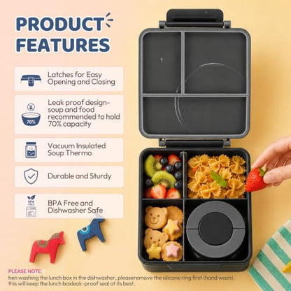 Itslife Bento Lunch Box for Kids with 8oz Soup Thermo&Lunch Bag, Leak-Proof Lunch Food Containers with 4 Compartment, Hot Food Insulated Food Jar for Kids School (Black) - color: Black