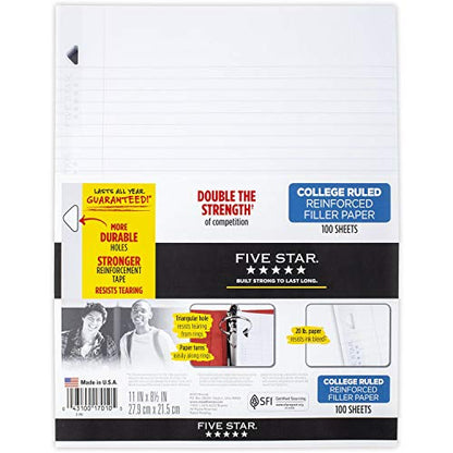 Five Star Loose Leaf Paper, 3 Hole Punched, Reinforced Filler Paper, College Ruled, 11" x 8-1/2", 100 Sheets/Pack, 12 Pack (72855)