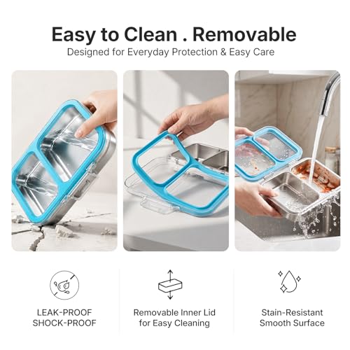 Leak-Resistant 18/8 Stainless Steel Bento Lunch Box Kids 7+ and Adults | 2 Swappable Style Accessories, BPA-Free Tritan Lid, Dishwasher Safe, School, Office & Travel - color: Blue