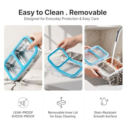 Leak-Resistant 18/8 Stainless Steel Bento Lunch Box Kids 7+ and Adults | 2 Swappable Style Accessories, BPA-Free Tritan Lid, Dishwasher Safe, School, Office & Travel - color: Blue
