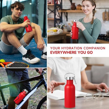 Volhoply 20oz Uninsulated Single Walled Water Bottle, Stainless Steel Reusable Water Bottles with Handle & Carabiner, BPA Free 18/8 304 Sports Water Bottles for Camping Hiking（Red,1） - color: Red