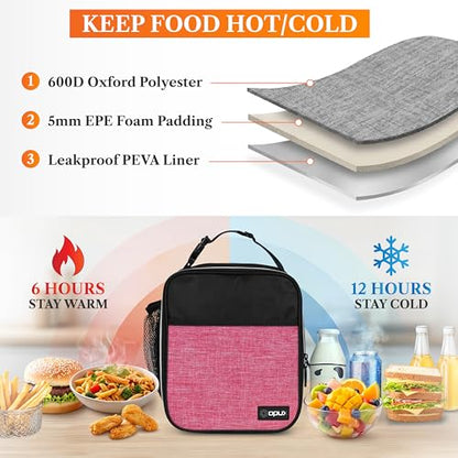 opux Insulated Lunch Bag for Kids Girls, Small Compact Lunch Box with Wide Opening & Mesh Pockets, Reusable Lunch Pail for School, Work, Adults, Women, Heather Pink - color: Heather Pink