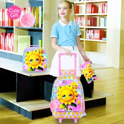 KLFVB Girls Bookbag with Wheels, 3PCS Kids Roller Backpack with Lunch Bag, Wheeled School Bag for Children - Smiling Sunflower - color: UV Printing Sunflower Pink Rolling Backpack