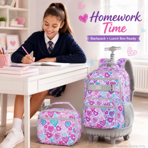 3Pcs Rolling Backpack for Girls Women, Travel Roller Backpacks with Wheels for Adults, Teens College Love Wheeled Bookbag with Lunch Box(Ash Powder) - color: Love Grey