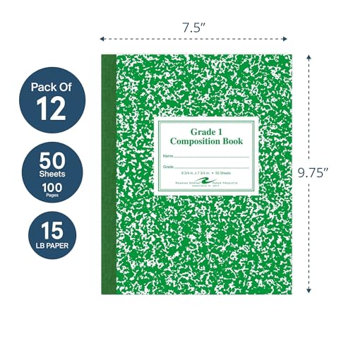 ROARING SPRING Primary Composition Book, Handwriting Notebook for Kids (4K - 1st Grade), Grade 1 Ruled, 1" Skip-Line Manuscript Paper, Flexible Cover, 9.75" x 7.5", 50 Sheets/100 Pages, 12 Pack