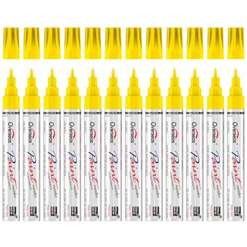Overseas Yellow Oil Based Paint Markers, 12 Fine Tip Permanent Paint Pens | 0.9mm Fine Nib, Waterproof, Quick Dry, Fade Resistant, Oil Marker Pen for Metal, Rubber, Glass, Wood, Plastic, Rock, Canvas - color: Yellow