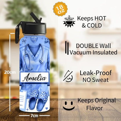 Custom Nurse Water Bottle Personalized Stainless Steel Insulated with Lid 18/32oz Customized Name Nurse Gifts for Women Nurses Nursing Graduation Nurse Week Birthday Healthcare Worker - color: Design-1