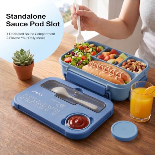 Bento Box Adult Lunch Box, Lunch Containers for Adults 44.5 Oz/5 Cup, Blue | BPA-Free, Lid-Top Sauce Tray, Leak-Proof, 1300mL, Removable Silicone Sealing Ring, Lid-Top Utensil Slot with Included Cutlery - color: Blue