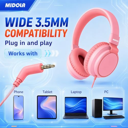MIDOLA Kids Headphones for School Learning,Volume Limited 85/94dB, Foldable Lightweight Over-Ear Wired Headphones for Kids Toddler Girls Boys 3.5mm for Pad,Headsets with Built-in Mic Pink - color: Pink