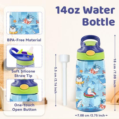 Shark 14oz Water Bottle with Straw – Leakproof BPA-Free Plastic Pop-Up Spout, Reusable Leak-Proof Travel Bottle for Outdoor Sports - color: Shark1