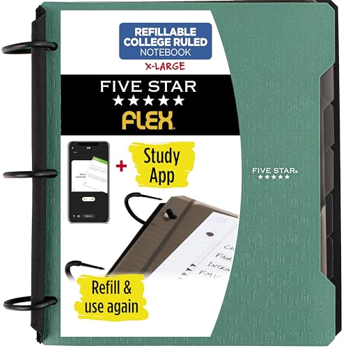 Five Star Flex Refillable Notebook + Study App, College Ruled Paper and 1-1/2 Inch TechLock Ring Binder with Pockets, Tabs and Dividers, 300 Sheet Capacity, Seaglass Green (29324AQ8) - color: Seaglass Green, size: 1 Pack