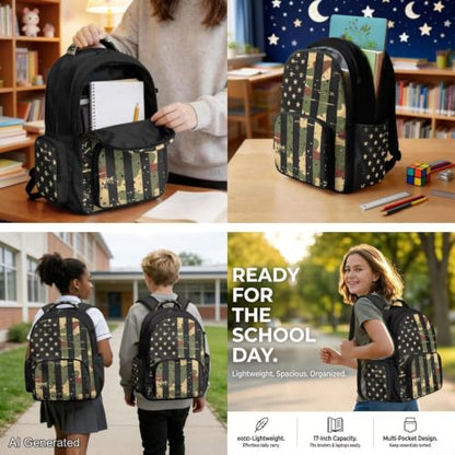 American Flag Backpack for Boys Camo Backpack and Lunch Box for School with Water Bottle Holder Large Pencil Case 4PCS Set Bookbag with Front Pocket As Back to School Birthdays Gifts - color: American Flag Camo