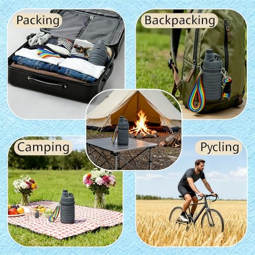 Collapsible Water Bottles Silicone Foldable Reusable Leakproof Travel Water Bottle 17.6oz With Mountaineering Buckle And Adjusting Rope For Sports Camping Hiking Cycling Yoga（Dark Gray And Light Gray） - color: Dark Gray + Light Gray